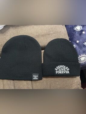 Black 'Assholes Live Forever' Beanie - Embroidered Slogan bundle of 2
